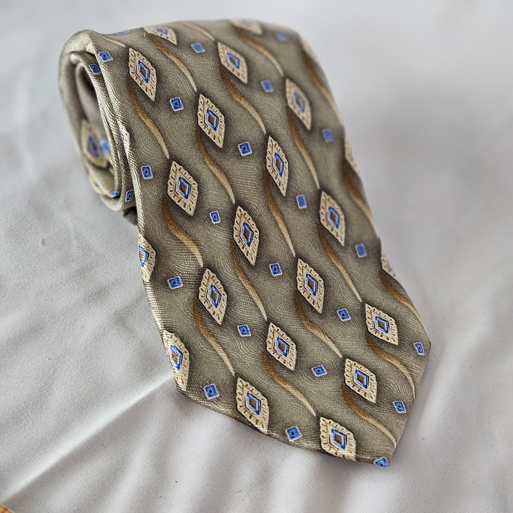 Joseph A. Bank Silk Tie Geometric Paisley Gold Brown Blue
